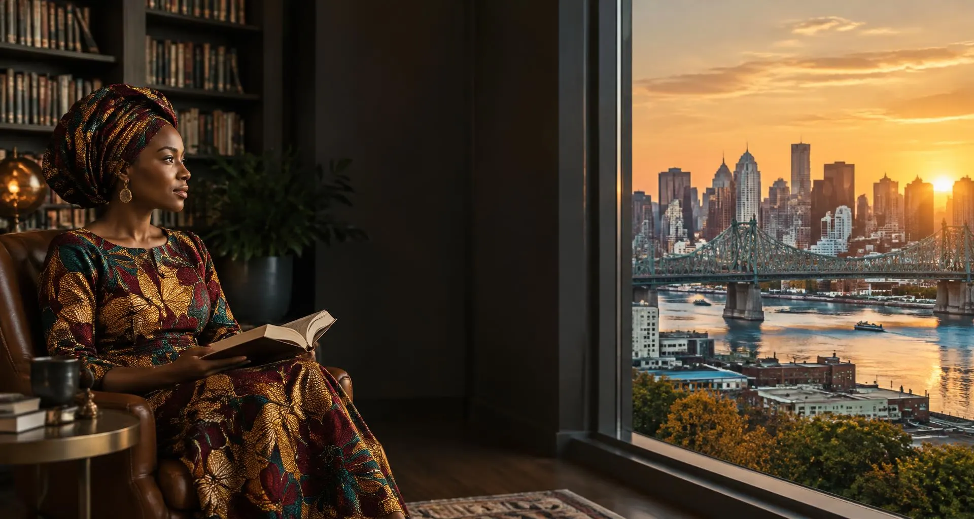 Une lectrice devant le panorama de Montréal au coucher du soleil